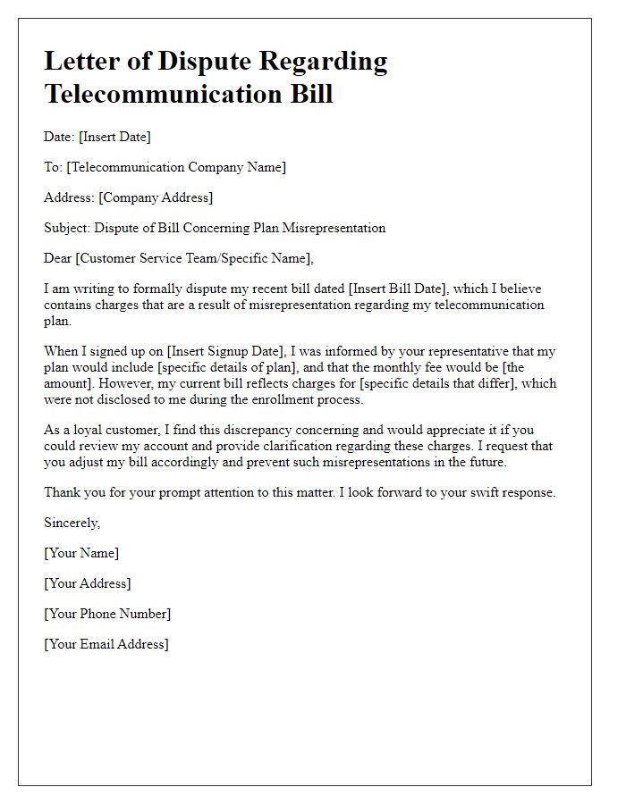 Letter template of telecommunication bill dispute concerning plan misrepresentation.