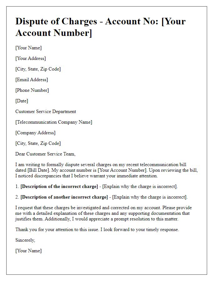 Letter template of telecommunication bill dispute for incorrect charges.