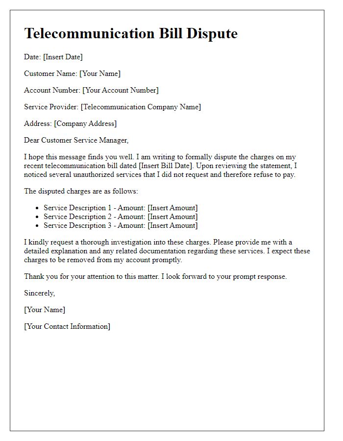 Letter template of telecommunication bill dispute over unauthorized services.