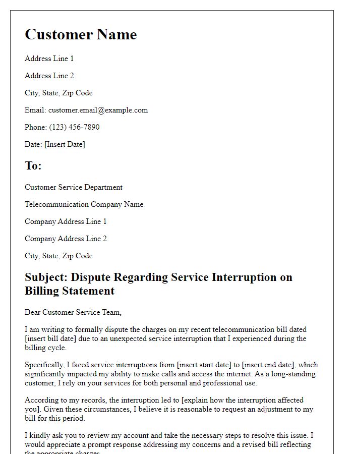 Letter template of telecommunication bill dispute regarding service interruption.