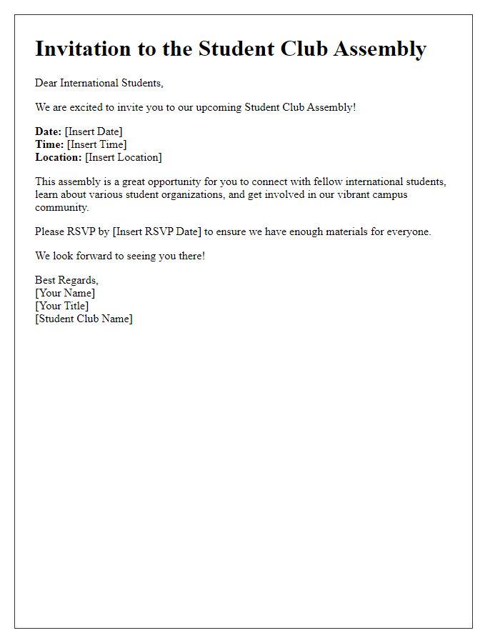 Letter template of student club assembly for international students.