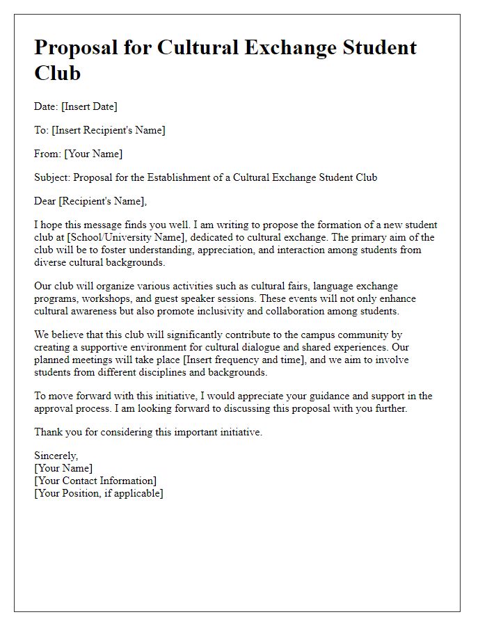 Letter template of student club creation for cultural exchange.