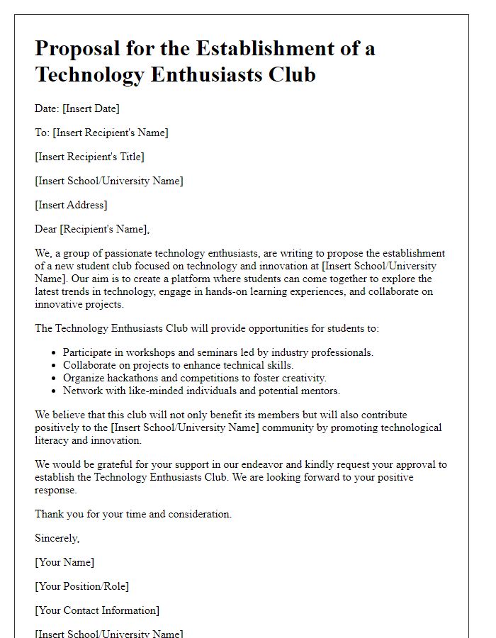 Letter template of student club establishment for technology enthusiasts.