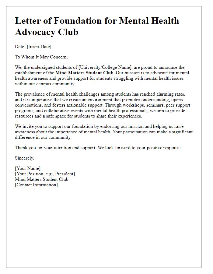 Letter template of student club foundation aimed at mental health advocacy.