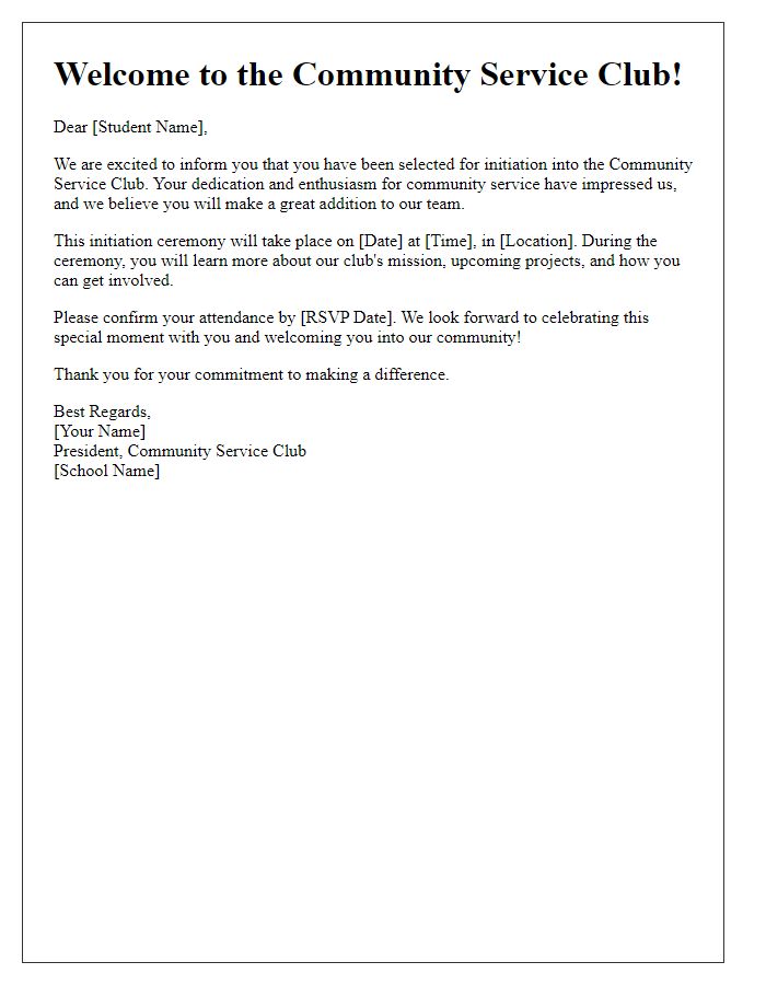 Letter template of student club initiation for community service.