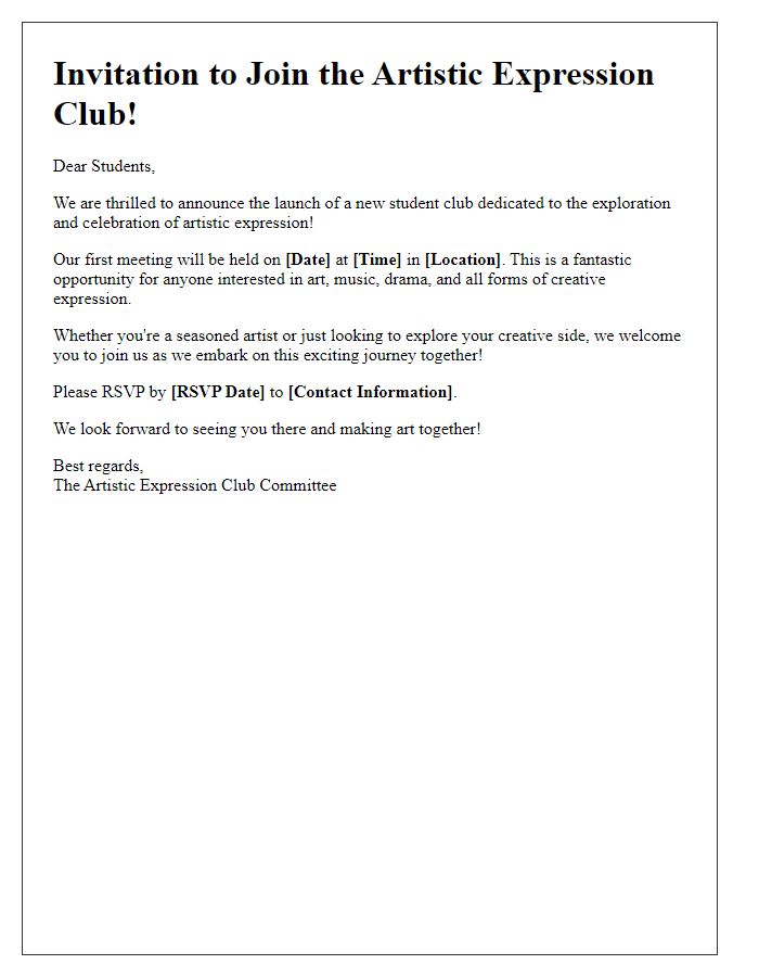 Letter template of student club launch for artistic expression.