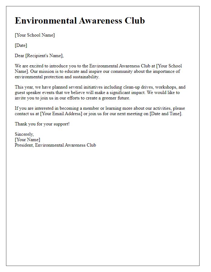 Letter template of student club organization focused on environmental awareness.