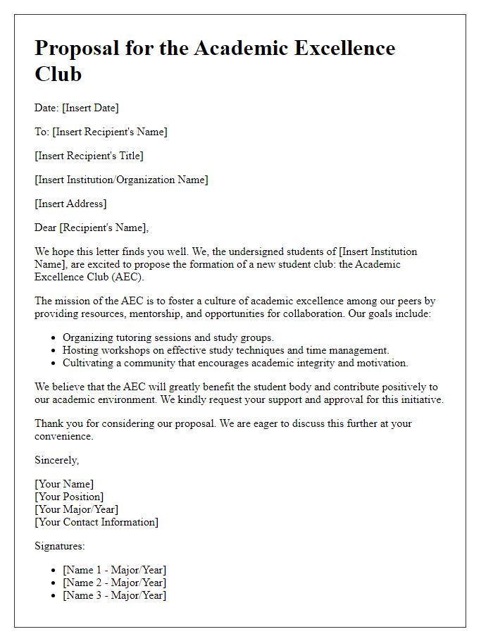 Letter template of student club proposal for academic excellence.