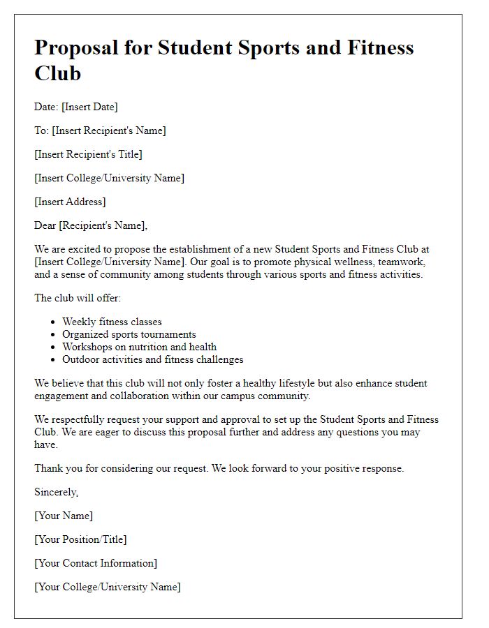 Letter template of student club setup for sports and fitness.