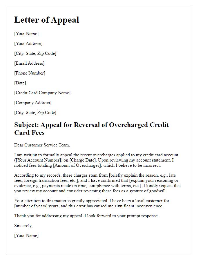 Letter template of appeal for reversal of overcharged credit card fees