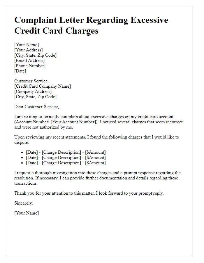 Letter template of complaint regarding excessive credit card charges