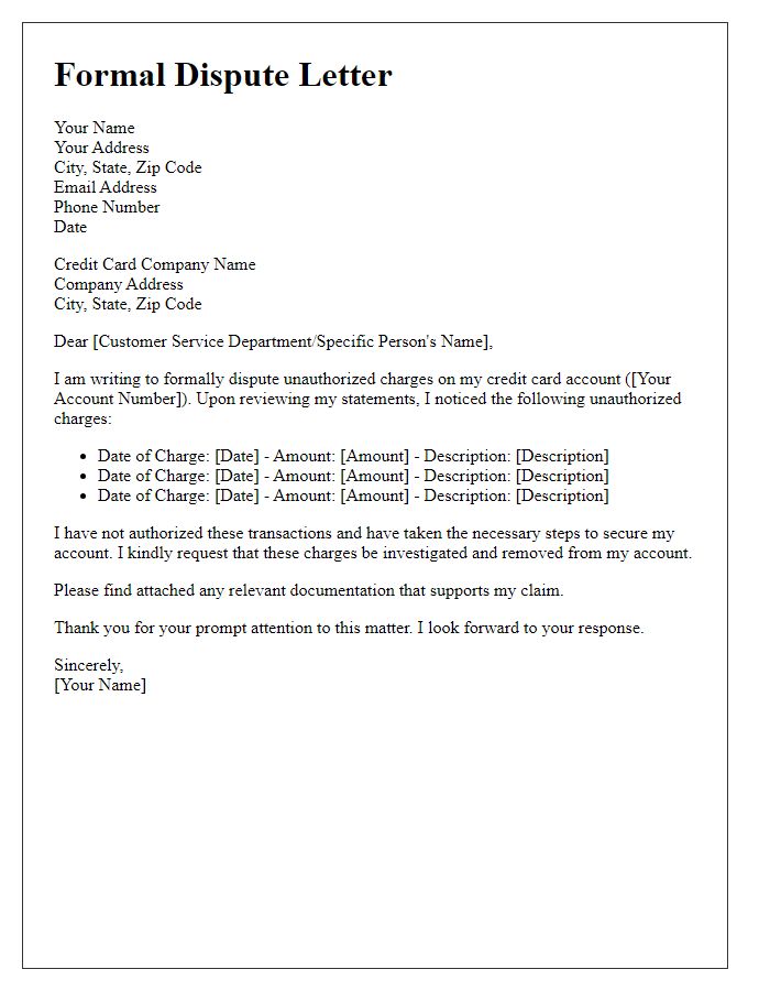 Letter template of formal dispute for unauthorized credit card charges