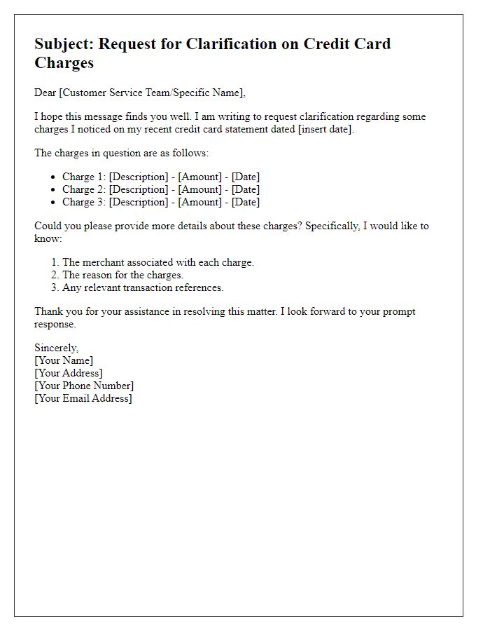 Letter template of request for clarification on credit card charges