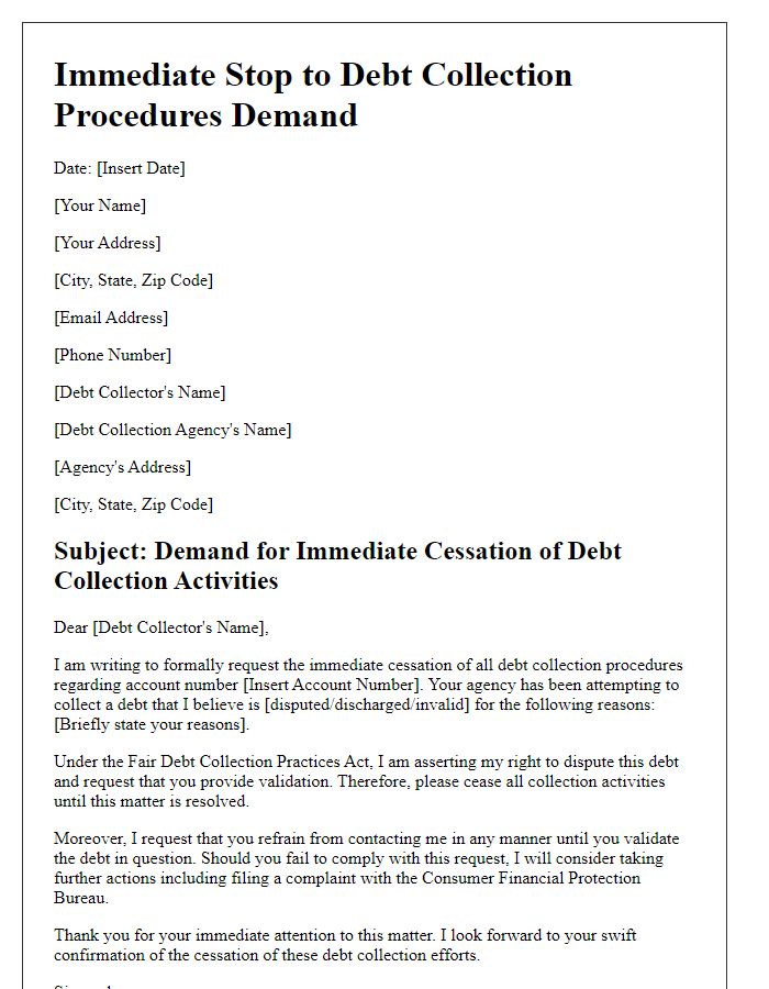 Letter template of immediate stop to debt collection procedures demand