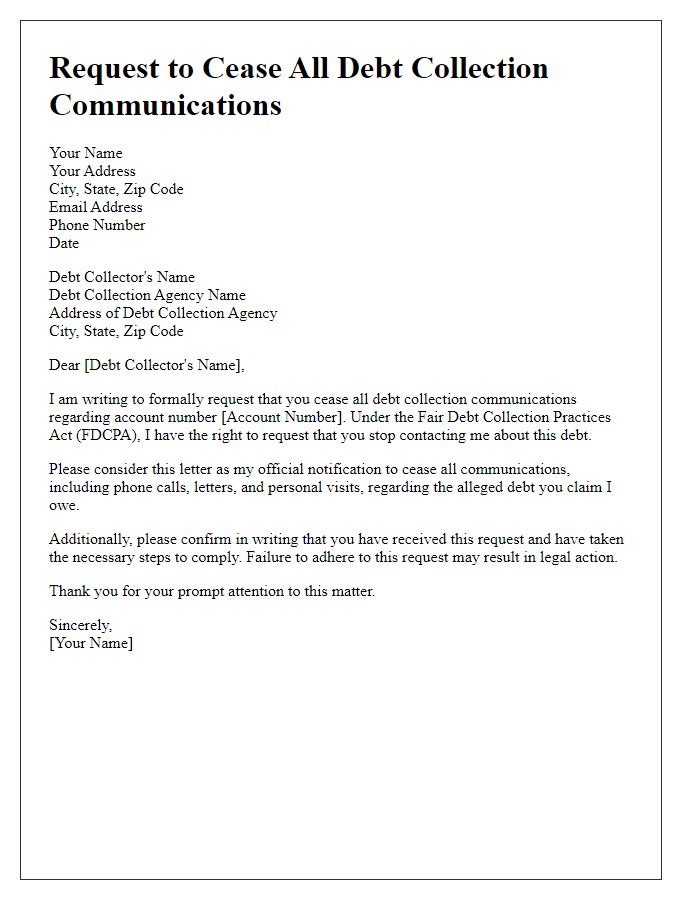 Letter template of request to cease all debt collection communications