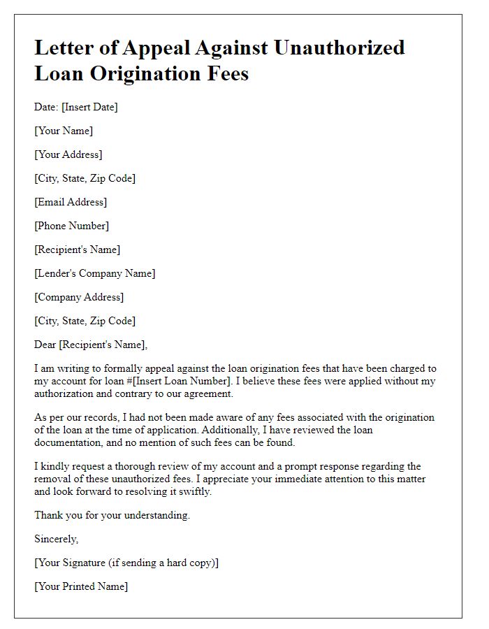 Letter template of appeal against unauthorized loan origination fees