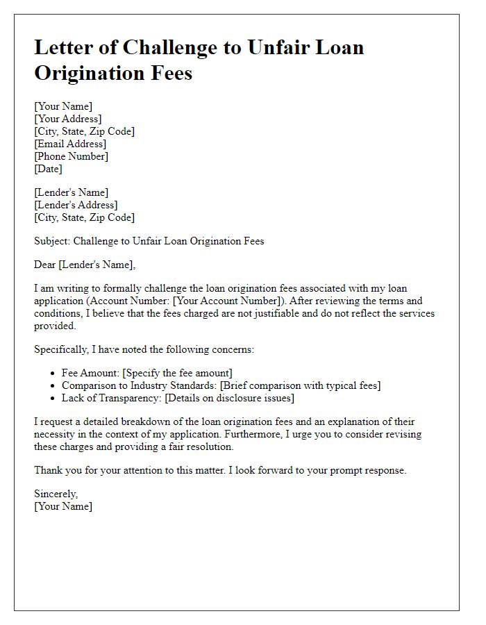 Letter template of challenge to unfair loan origination fees