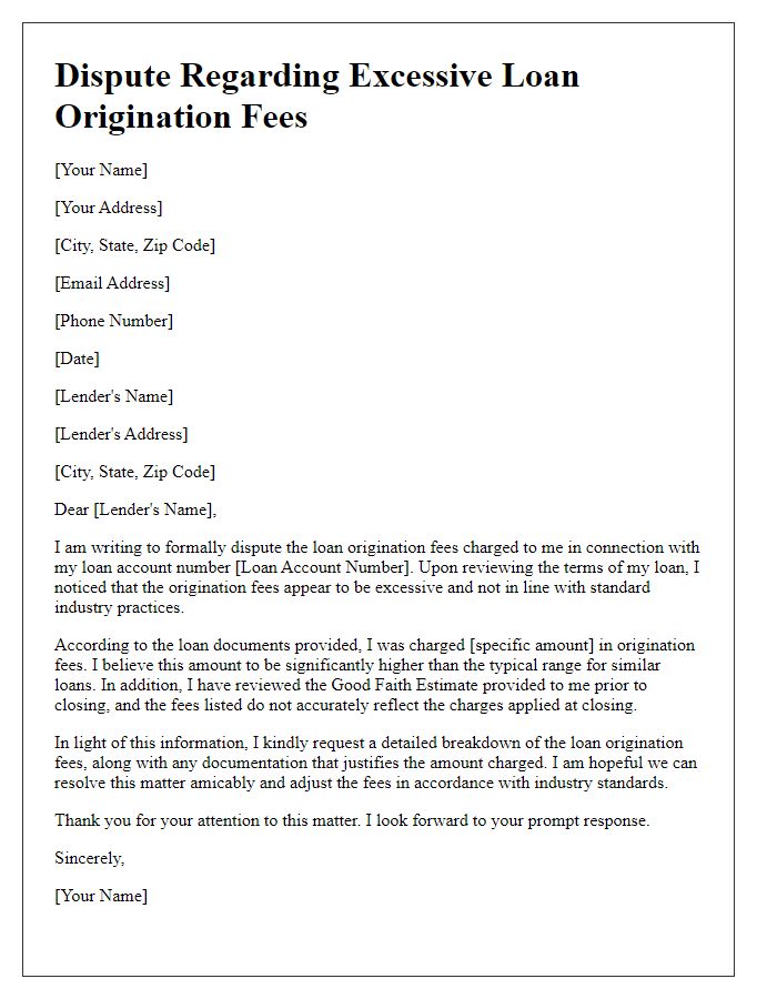 Letter template of dispute regarding excessive loan origination fees