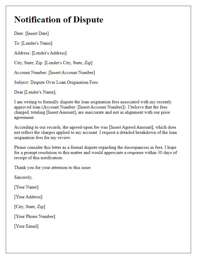 Letter template of notification of dispute over loan origination fees