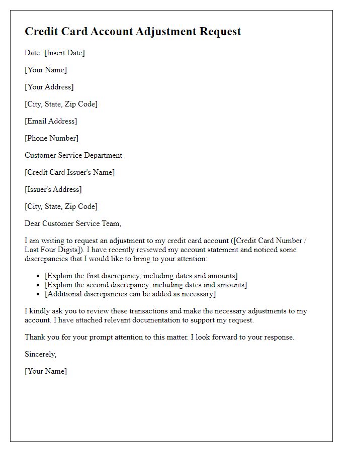 Letter template of credit card account adjustment request