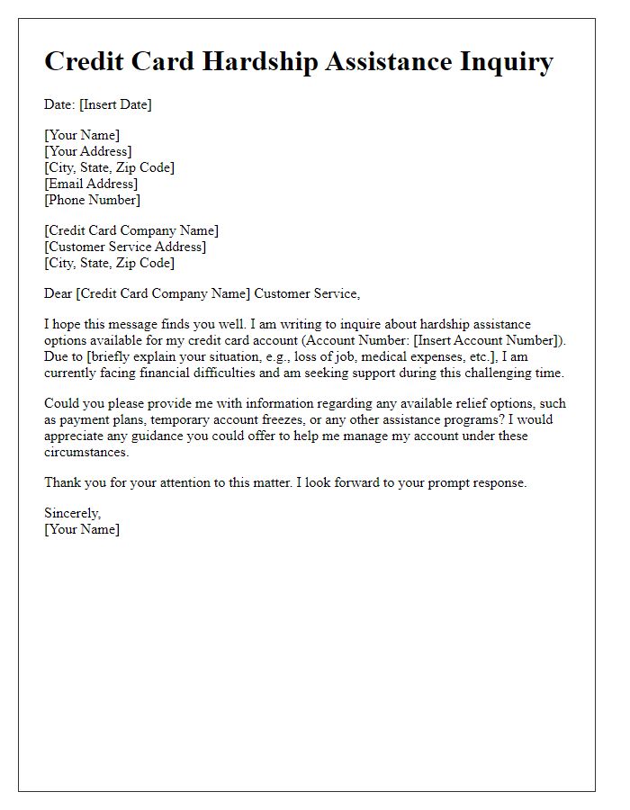 Letter template of credit card hardship assistance inquiry