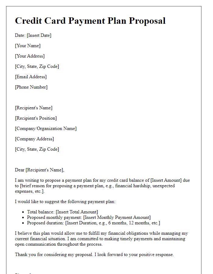 Letter template of credit card payment plan proposal