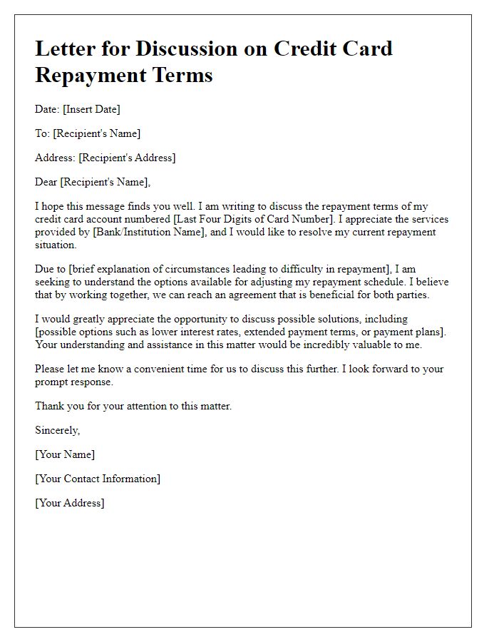 Letter template of credit card repayment terms discussion