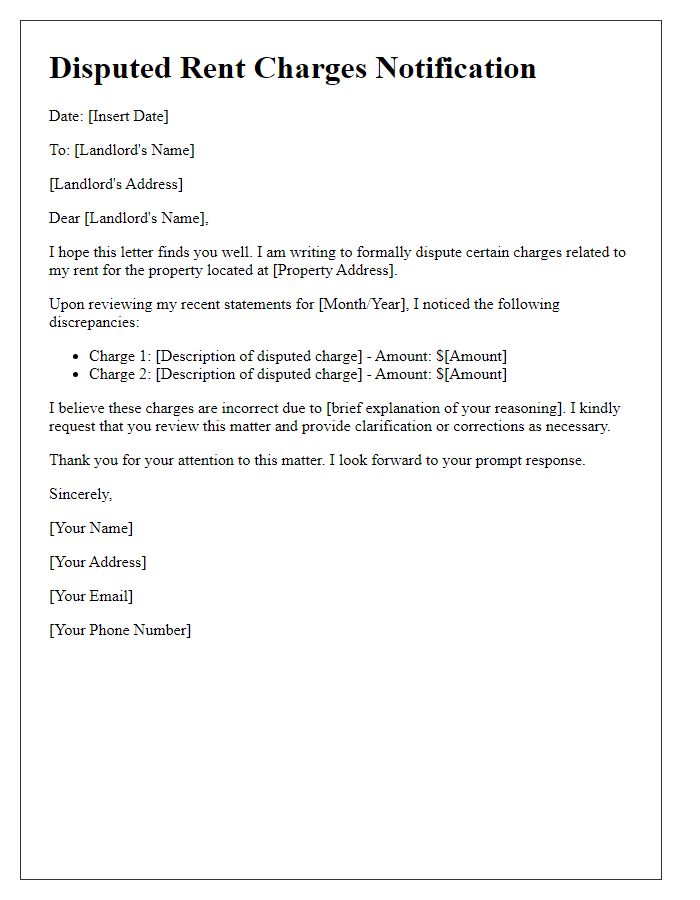 Letter template of disputed rent charges for tenant documentation.