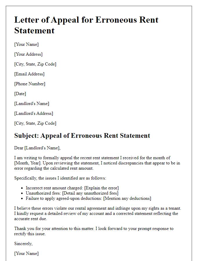 Letter template of erroneous rent statement appeal for tenant rights.