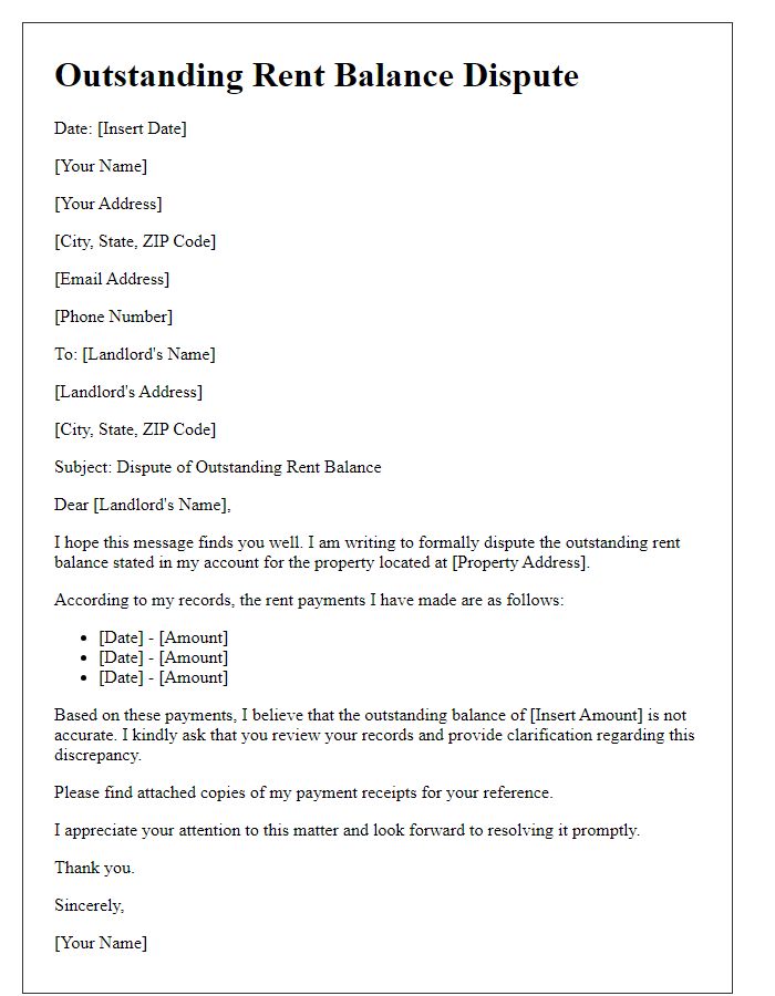 Letter template of outstanding rent balance dispute for financial records.