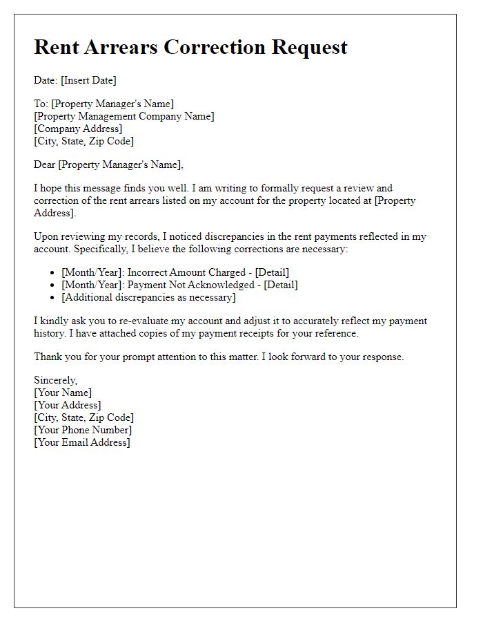 Letter template of rent arrears correction request for property managers.