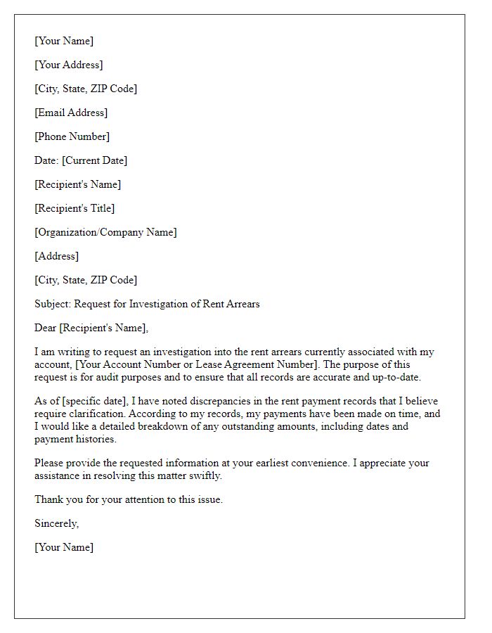 Letter template of rent arrears investigation request for audit purposes.