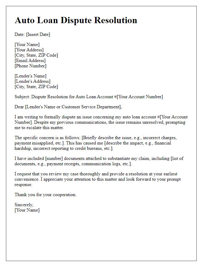 Letter template of auto loan dispute resolution