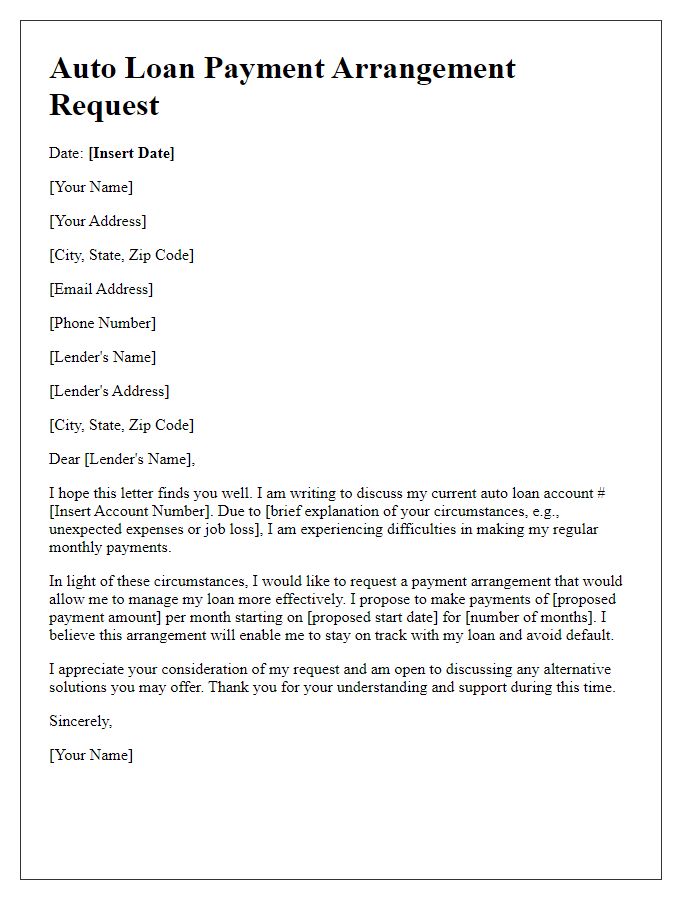 Letter template of auto loan payment arrangement