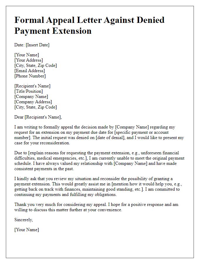 Letter template of formal appeal against denied payment extension