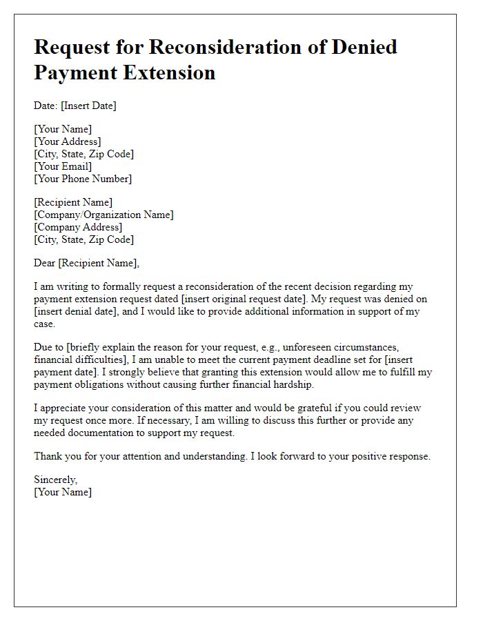 Letter template of request for reconsideration of denied payment extension