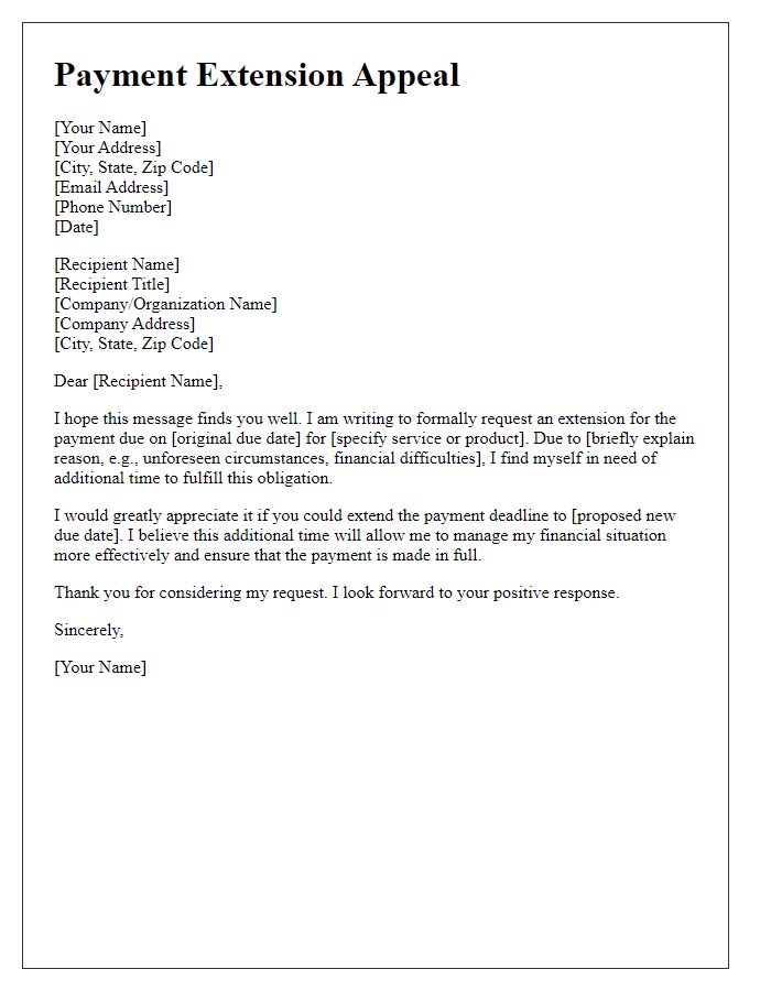 Letter template of seeking approval for payment extension appeal