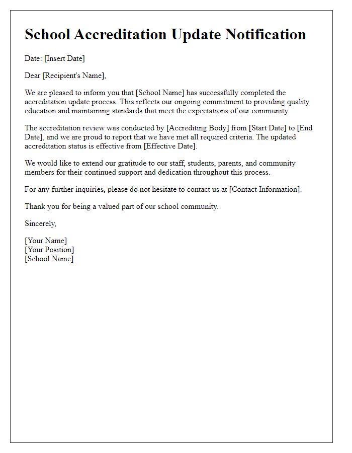 Letter template of school accreditation update notification