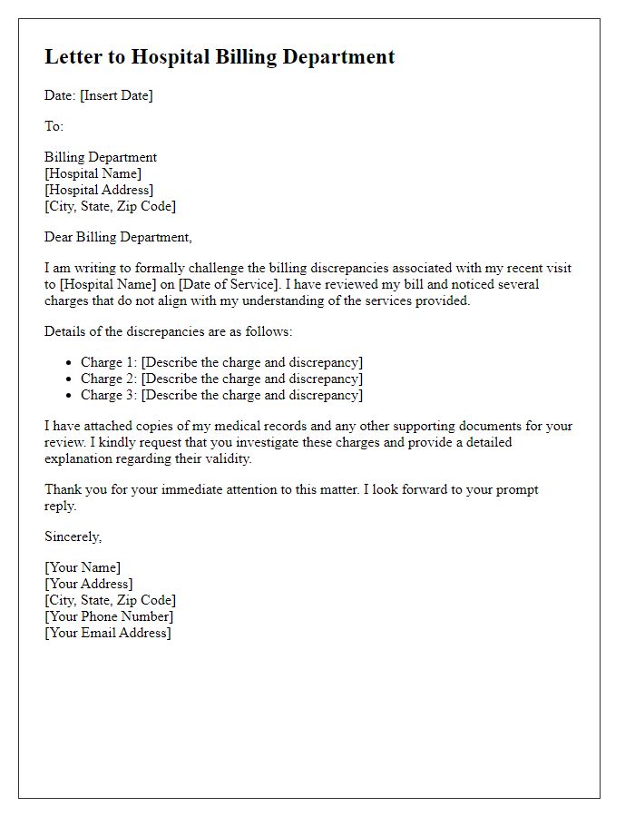 Letter template of challenging hospital billing discrepancies