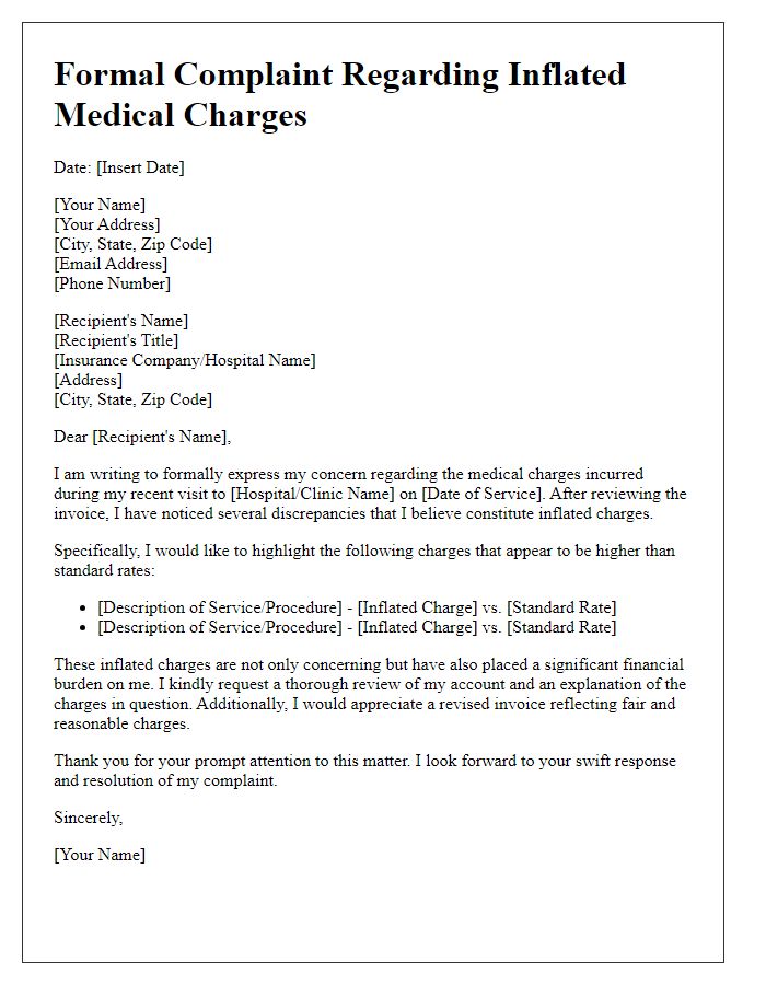 Letter template of formal complaint regarding inflated medical charges