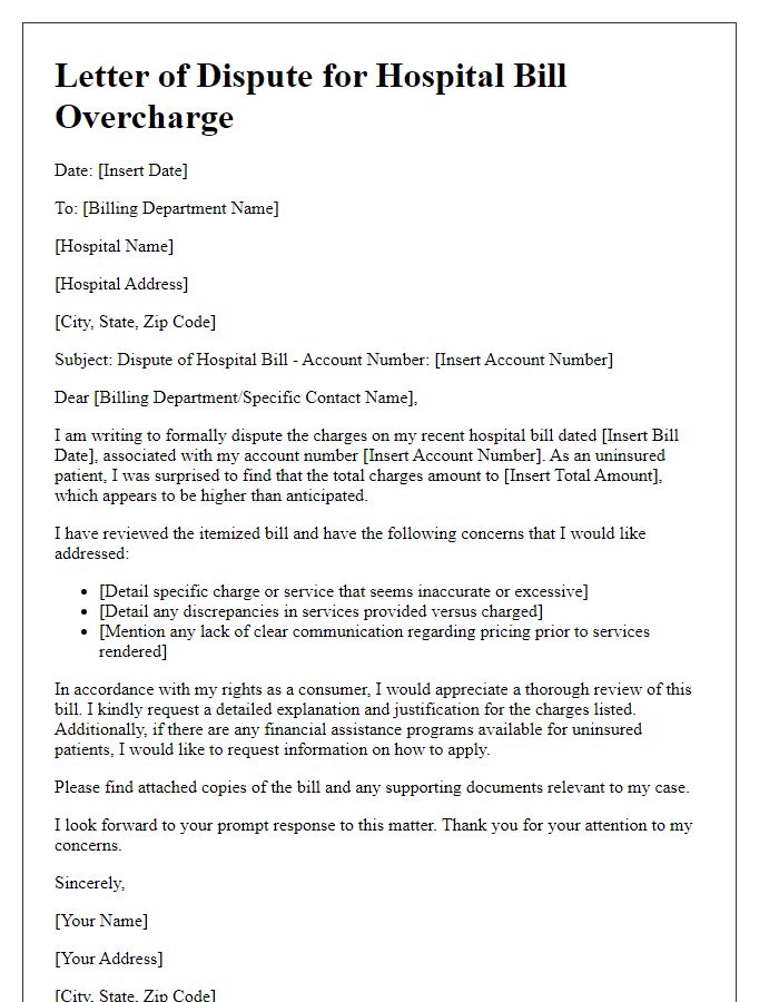 Letter template of hospital bill overcharge dispute for uninsured patients