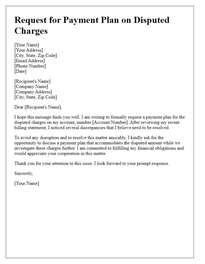 Letter template of request for a payment plan on disputed charges