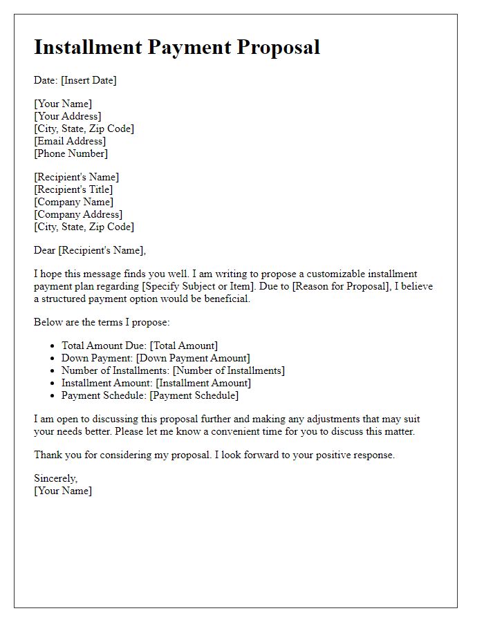 Letter template of customizable installment payment proposal