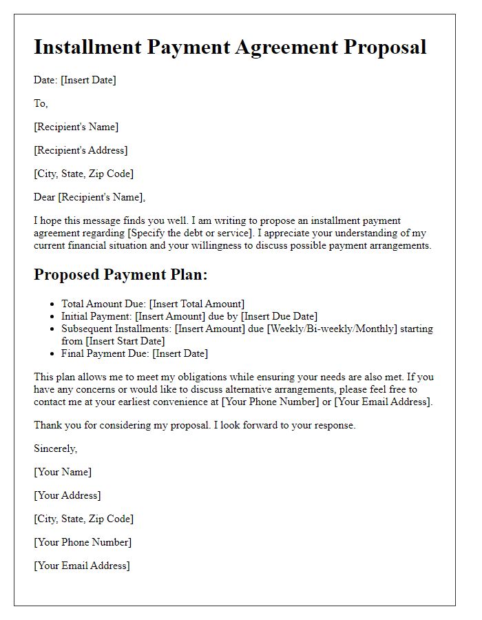 Letter template of installment payment agreement proposal