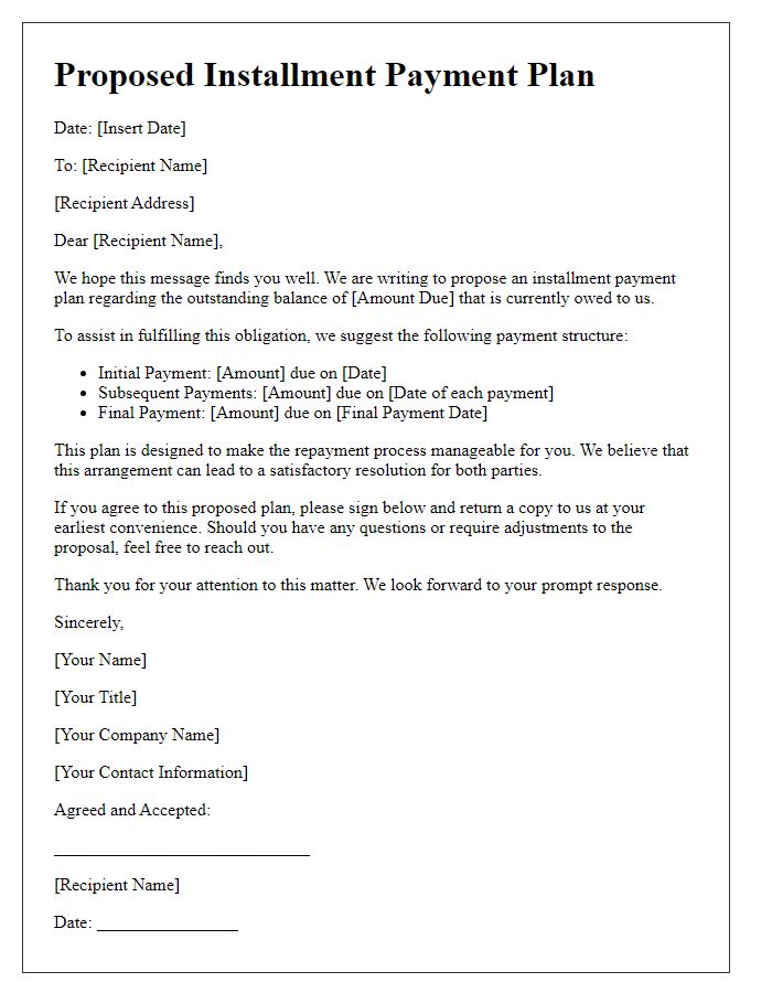 Letter template of proposed installment payment plan