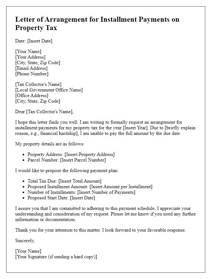 Letter template of arrangement for installment payments on property tax.