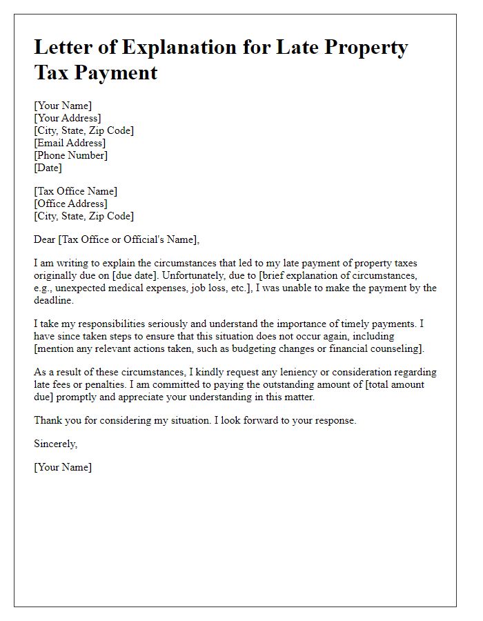 Letter template of explanation for late property tax payment.