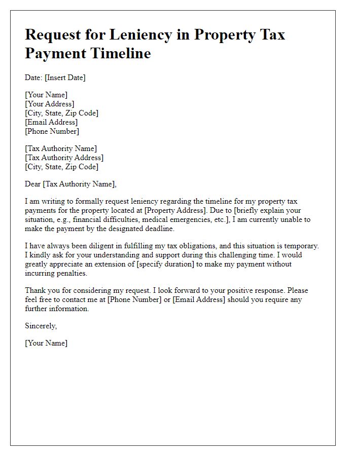 Letter template of request for leniency in property tax payment timeline.