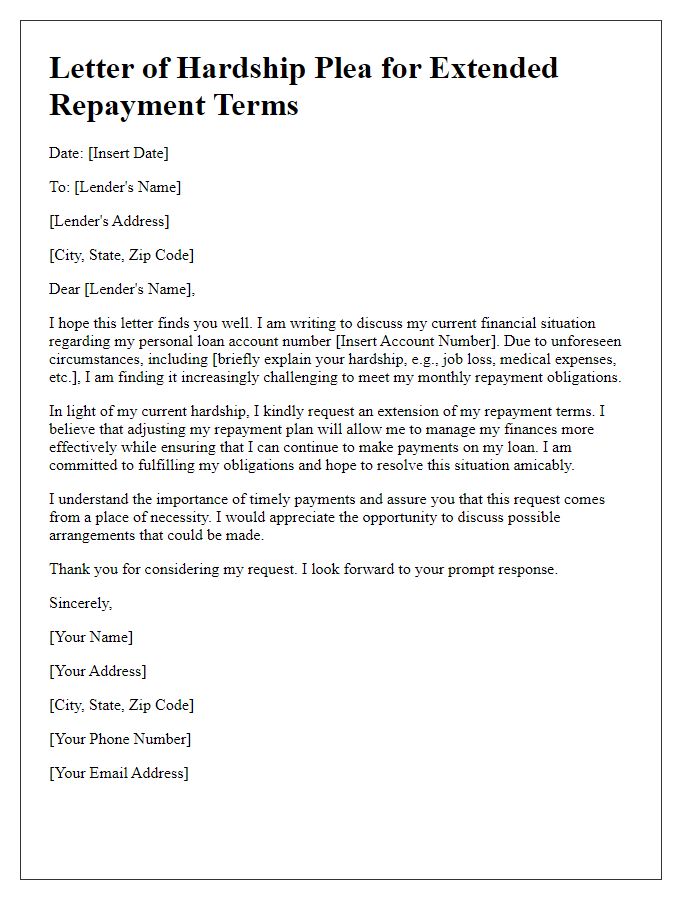 Letter template of personal loan hardship plea for extended repayment terms.