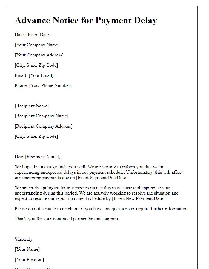 Letter template of Advance Notice for Payment Delay to Business Associates